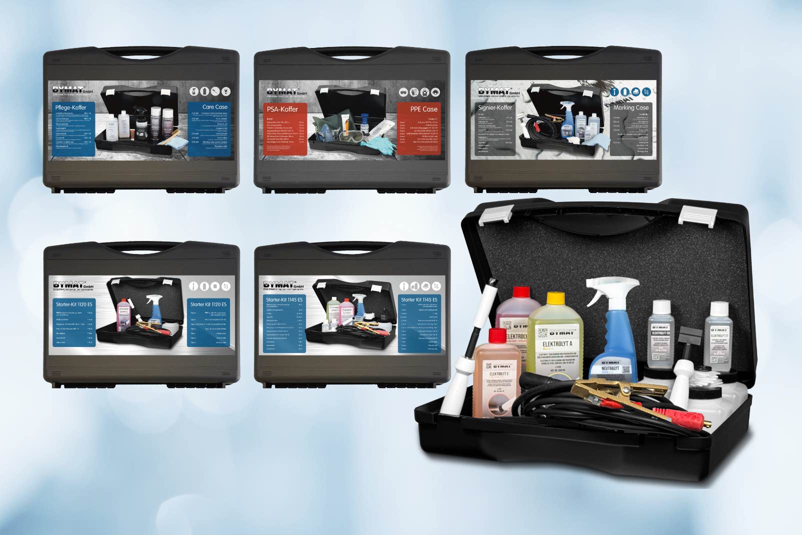 Erstausrüstungssets im praktischen Koffer sowie Spezialkoffer für Personensicherheit, Werkstück-Pflege oder elektrochemische Signierung.